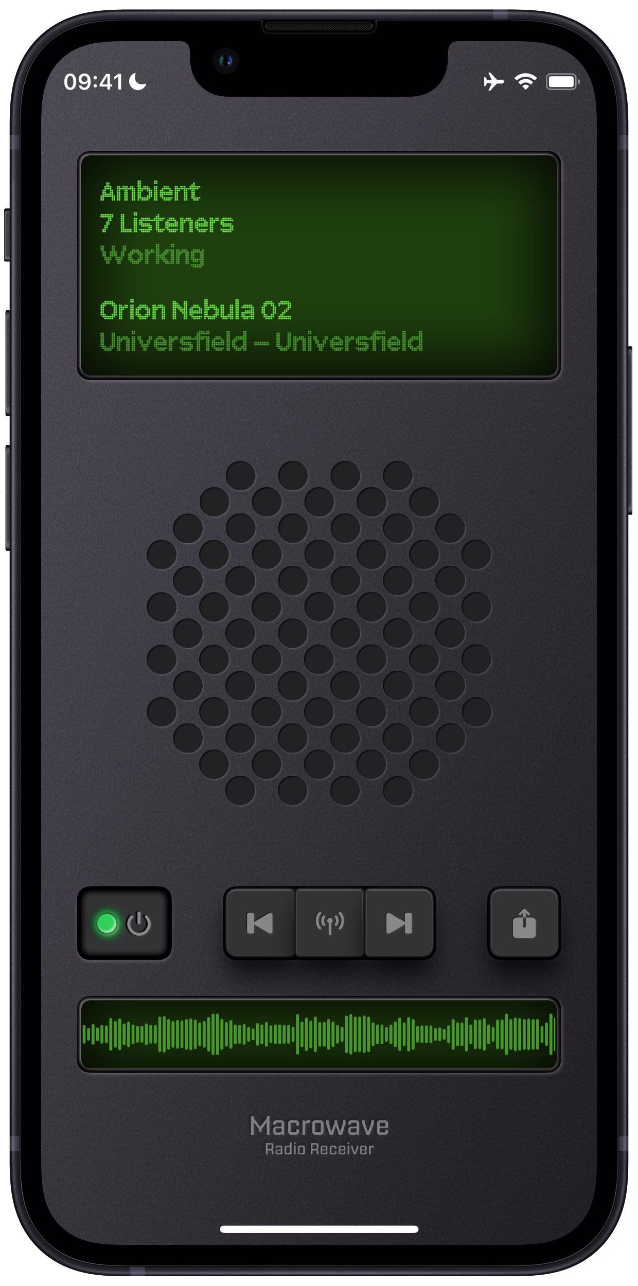 Macrowave iPhone receiver app showing live audio streaming interface