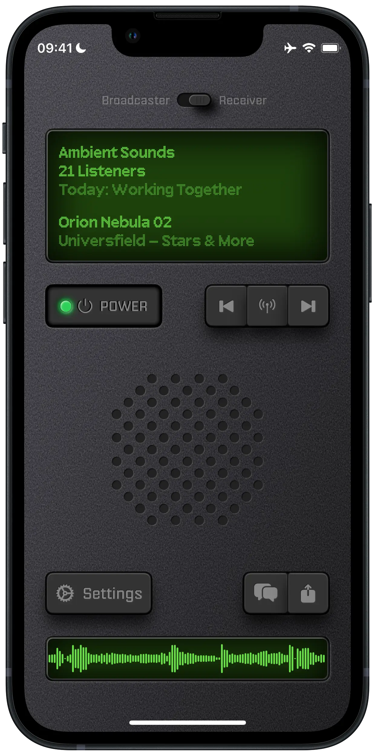 Macrowave iPhone receiver app showing live audio streaming interface